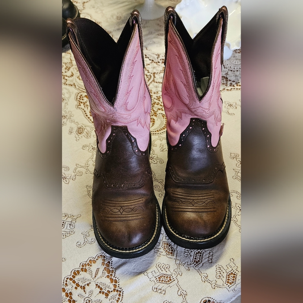 Justin Boots Women's Pink and Brown Ankle Booties - Picture 3 of 4